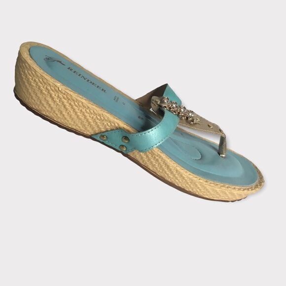 Reindeer Womens‎ Low Wedge Turquoise Sandals,Embellished slip On - Picture 8 of 10